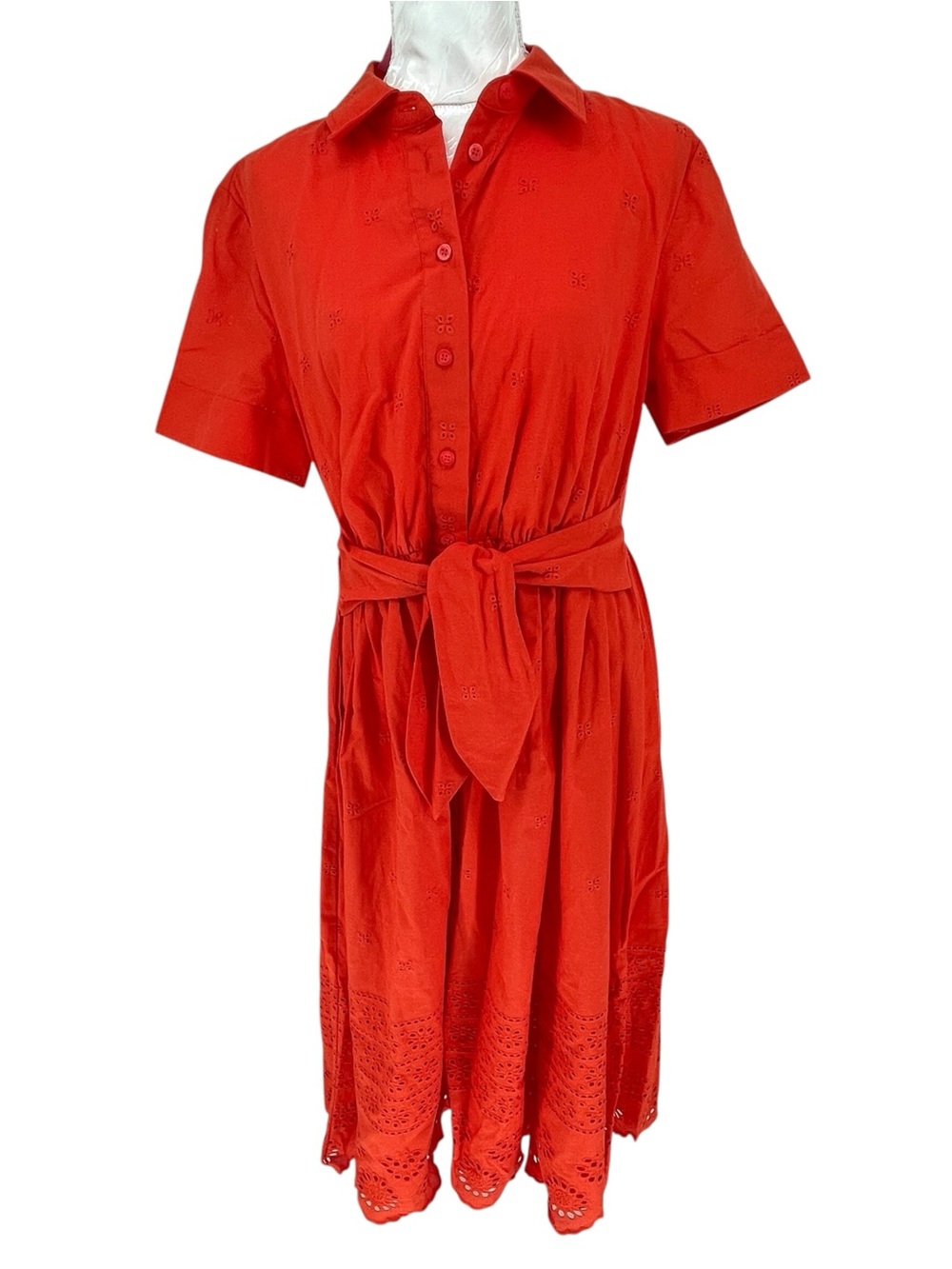 Kate Spade Orange Eyelet Tie Waist Shirt Dress Sz M Lined Pockets Short Sleeve
